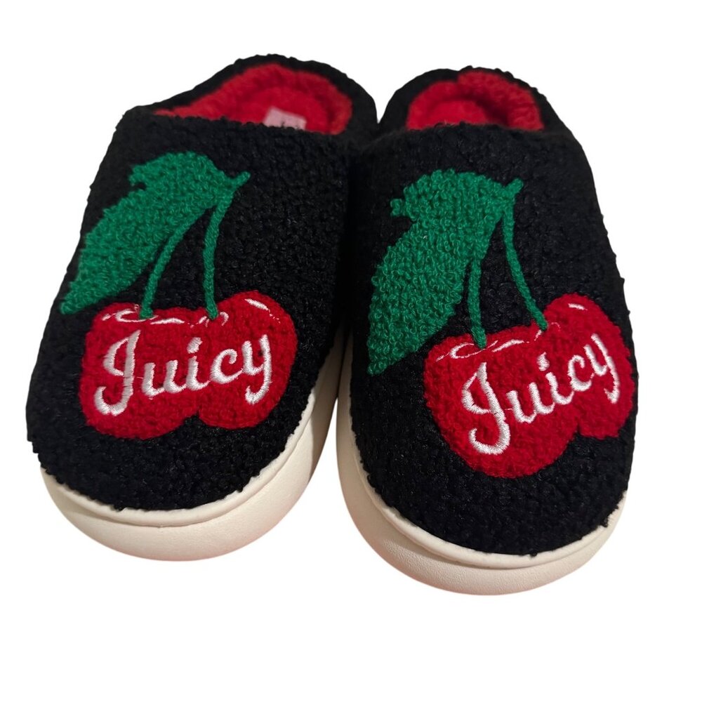 Juicy Couture Womens Cherry Embroidered Slippers sz medium black /red cozy‎ new